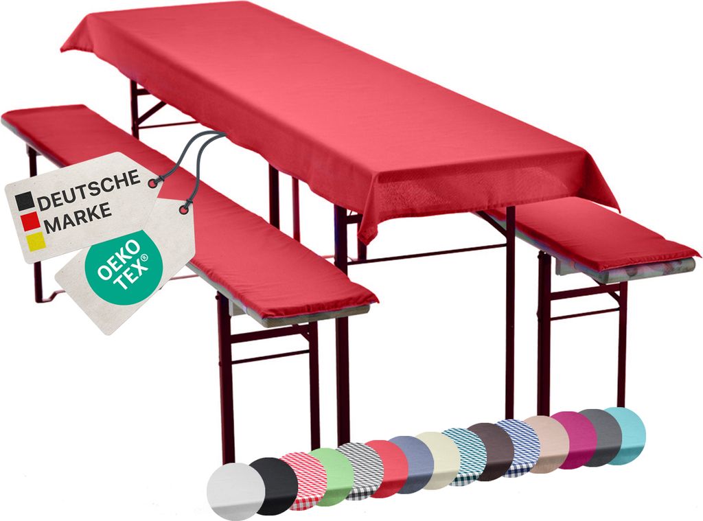 NYVI Bierbankauflagen Set NYVIGala 240x90 cm Rot - 1x Tischdecke für 220x70 cm Biertische & 2x Gepolsterte Auflage für 220x25 cm Bierbänke - Sit...