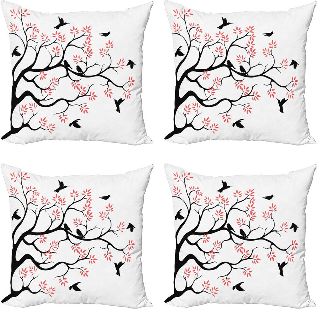 ABAKUHAUS Vögel Kissenbezug Set (4 Stück), Mockingbird auf Platane, Moderner Doppelseitiger Digitaldruck, 40 cm x 40 cm, Coral Black and White
