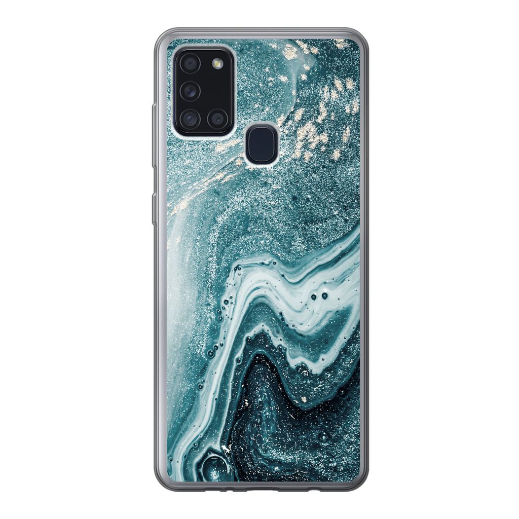 MuchoWow Handyhülle Schutzhülle Hülle für Samsung Galaxy A21s Naturstein - Glitter - Muster Silikon Softcase Handy Hülle - Hartschale