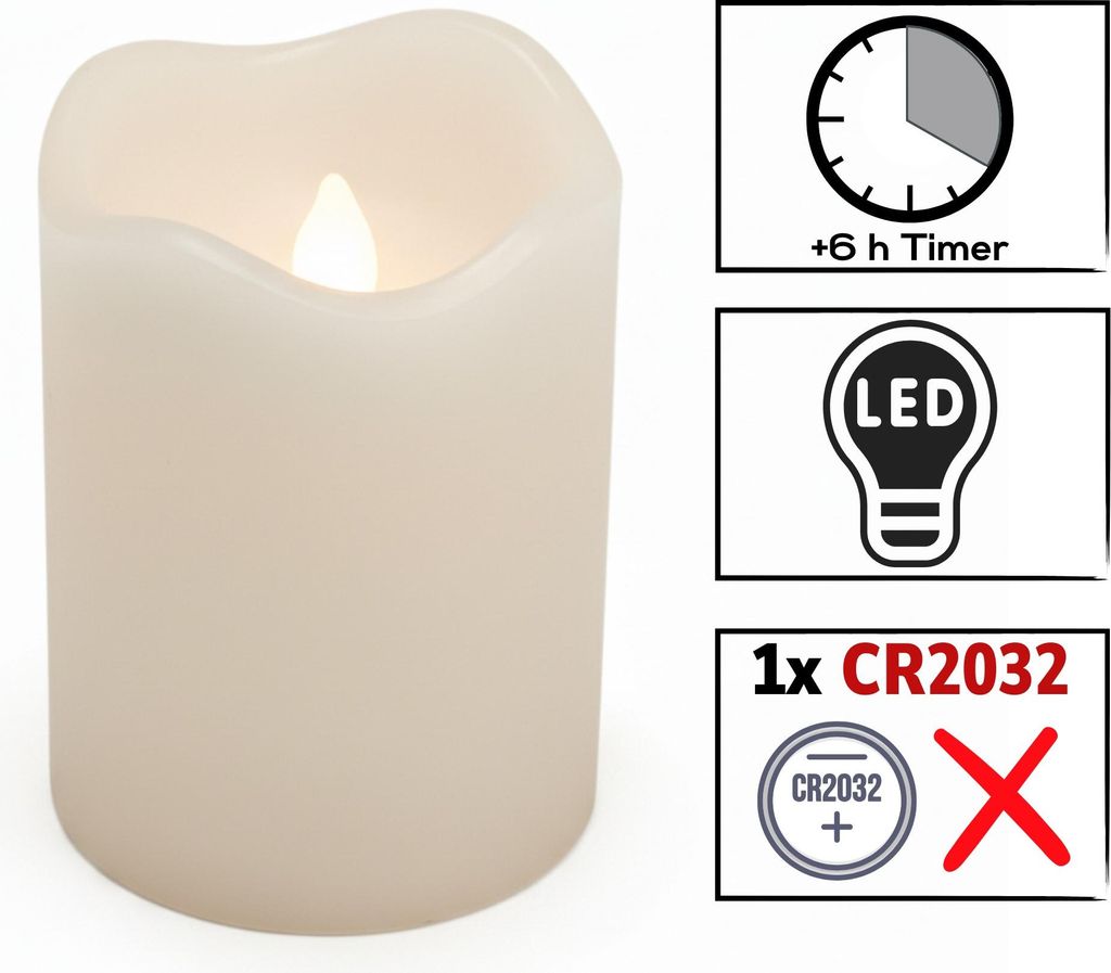 A cream-colored LED candle with a flickering flame, shown next to icons indicating timer, LED technology, and battery type.