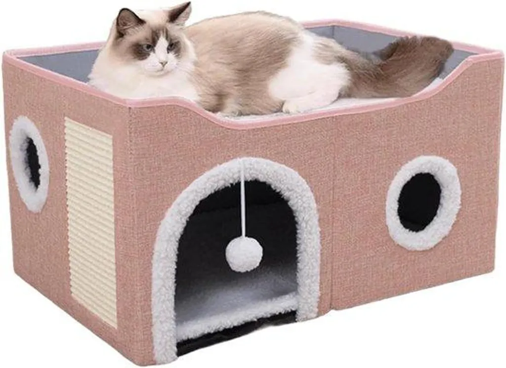Maison chat rose Kubus : confort moelleux et zone de griffage en sisal