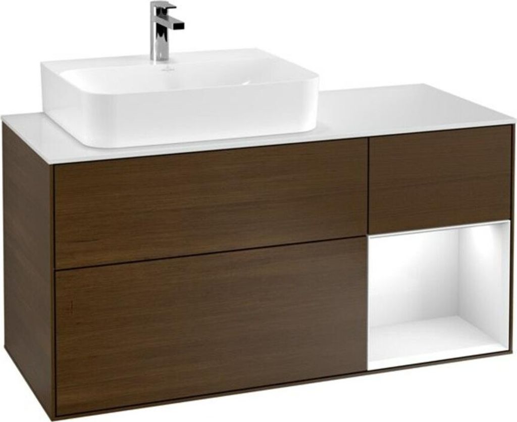 Villeroy & Boch Waschtischunterschrank FINION 1200 x 603 x 501 mm, mit Abdeckplatte Glas White Matt Regalelement Glossy White Lacquer Walnut Veneer