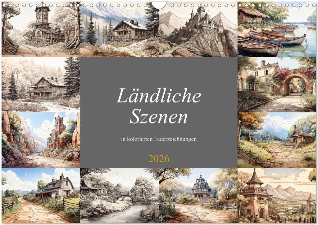 Ländliche Szenen in kolorierten Federzeichnungen (Wandkalender 2026 DIN A3 quer), CALVENDO Monatskalender