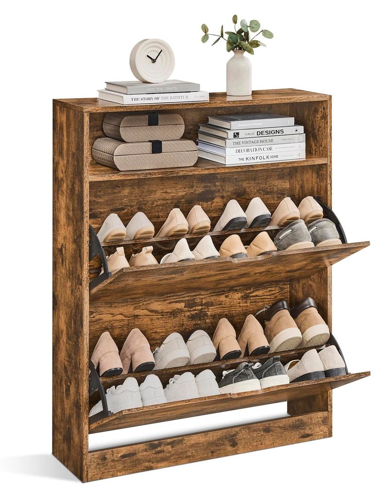 Schuhschrank - Schuhregal mit 2 Klappen - Offenes Fach - Verstellbarer Einlegeboden - Metallrahmen - Holz - Minimalistischer, moderner Stil - Braun