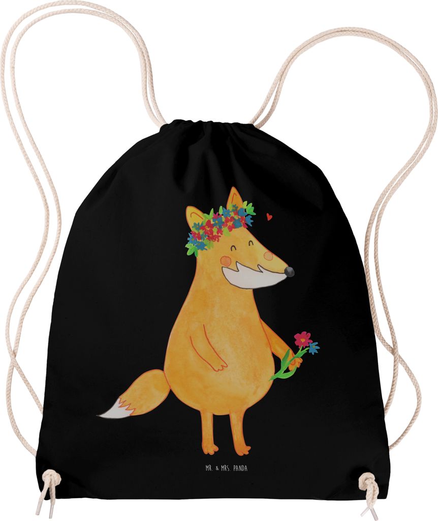 Mr. & Mrs. Panda gym tasche Fuchs Blumen - Schwarz - Geschenk, Blumenliebe, Beutel, Liebe, Boho, Jutebeutel, wander rucksack, Motivation, Turnbeute...