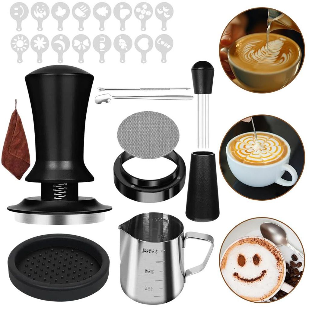 Kaffee Tamper 51mm, Espresso Tamper Set, Zubehör mit 350ml Edelstahl Milchkännchen und Latte-Art-Stift, Edelstahl Espresso Kaffeedrück, Tamper M...