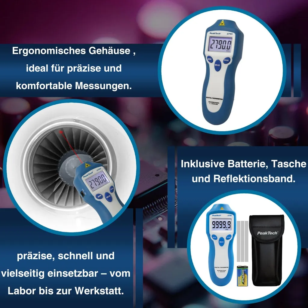 Tachymètre PeakTech 2790 haute résolution 0,1 tr/min et laser de précision