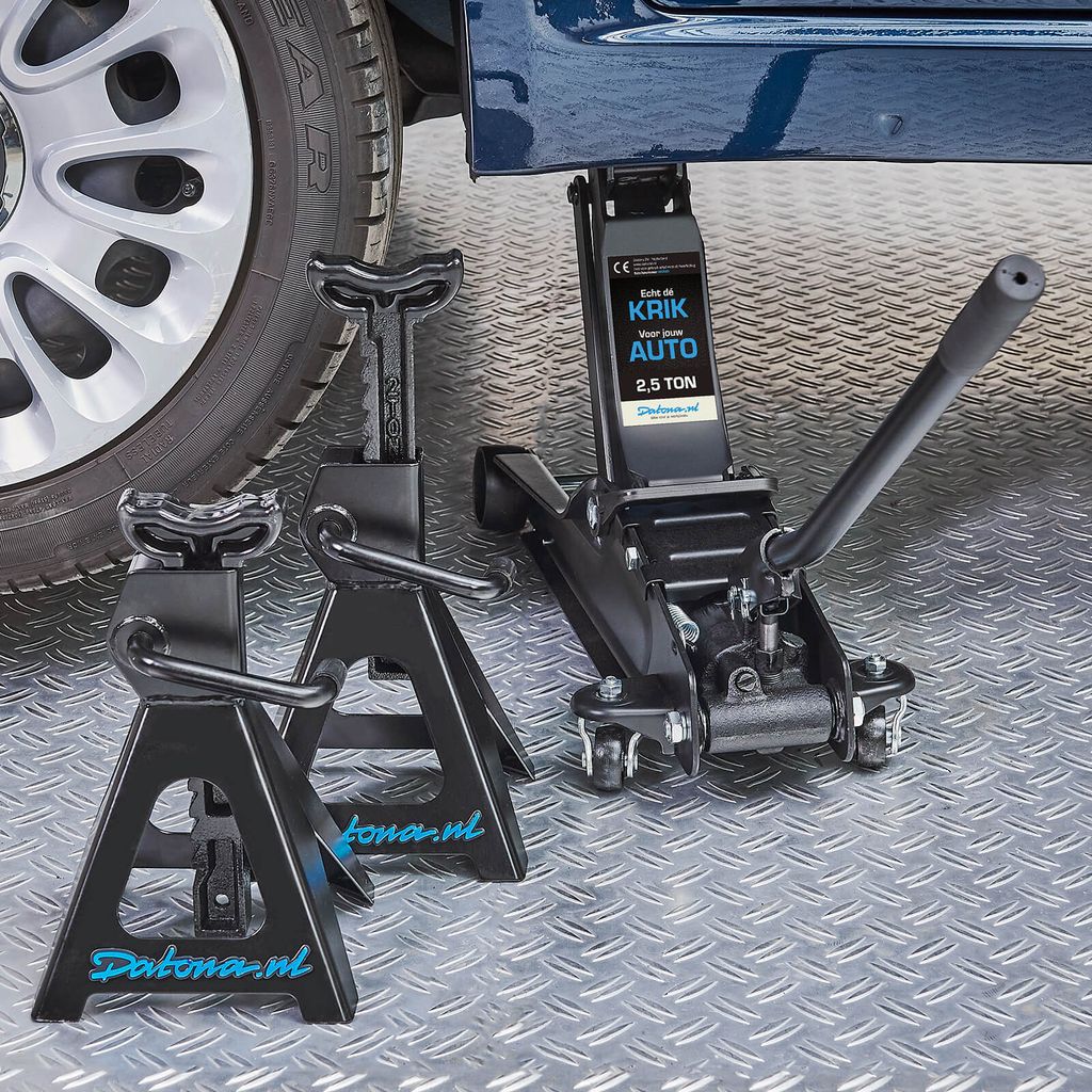 Datona Rangierwagenheber 2,5T Hydraulisch Flach - Wagenheber für Sportwagen & Tiefergelegte Autos - Set mit 2x Unterstellböcke 3T, Zwenkräder & ...