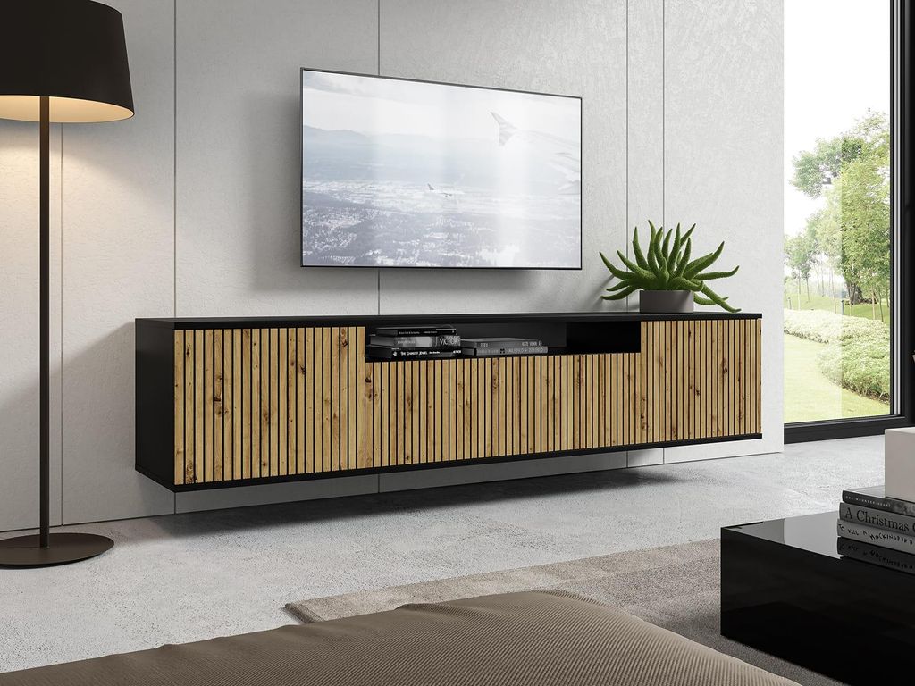 Wandschrank RTV 200 cm PANAMA Fronten Eiche artisan, 4 geräumige Regale, Fach für den Receiver, Lowboard Hängend, TV Möbel, Push-Open - Eiche, ...