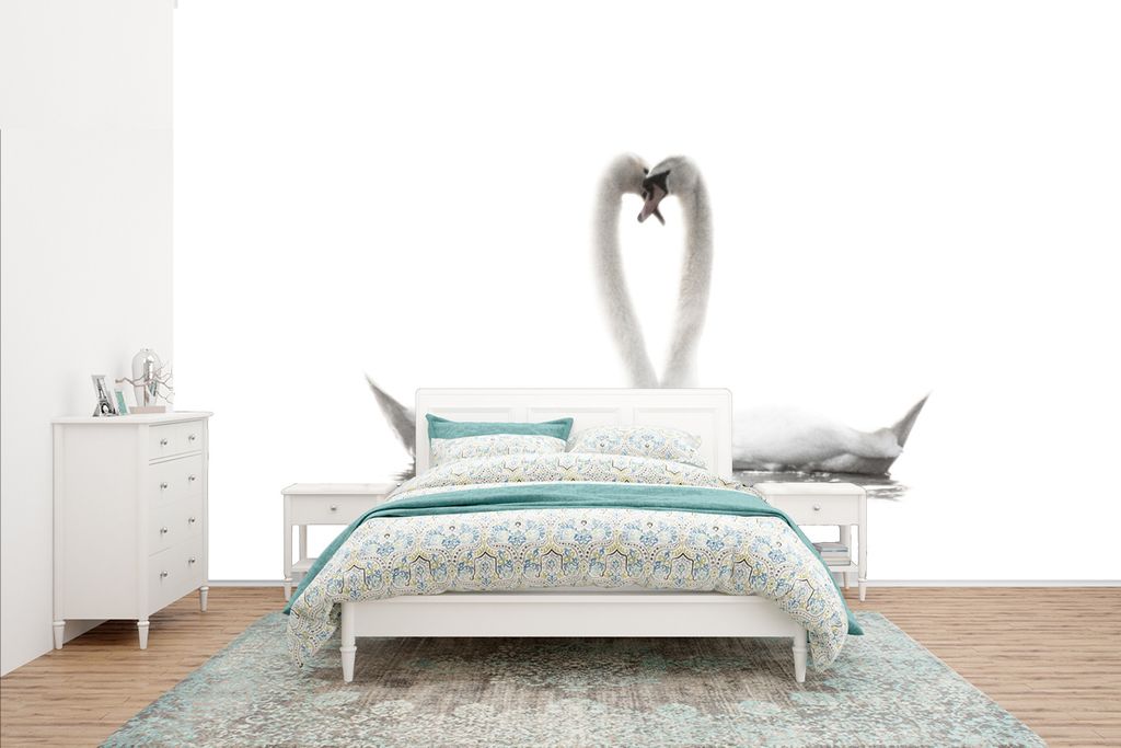 MuchoWow Fototapete für Wohnzimmer oder Schlafzimmer Wandtapete Vinyl Motivtapete Zwei Schwäne bilden ein Herz vor einem weißen Hintergrund - ...