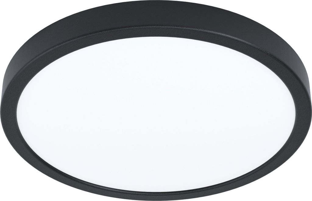 A round, black and white LED ceiling light is shown against a white background.