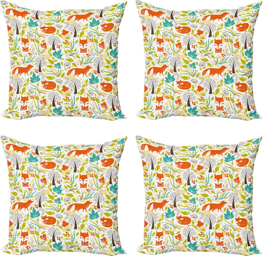 ABAKUHAUS Karikatur Kissenbezug Set (4 Stück), Wilder Fox Wolf Blume, Moderner Doppelseitiger Digitaldruck, 50 cm x 50 cm, Orange Grün und Blau