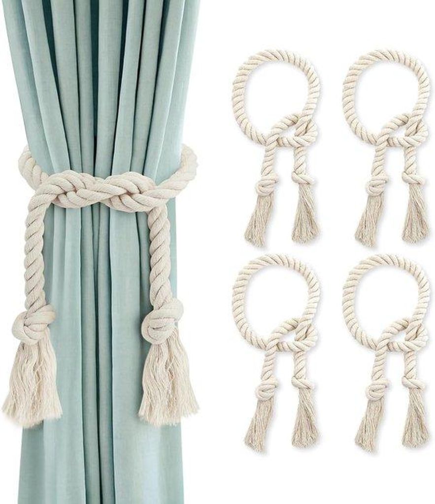 Famanu Gordinenhalter 4 Stück - Boho - Handgewebtes Gordinenband - 100 cm - Beige