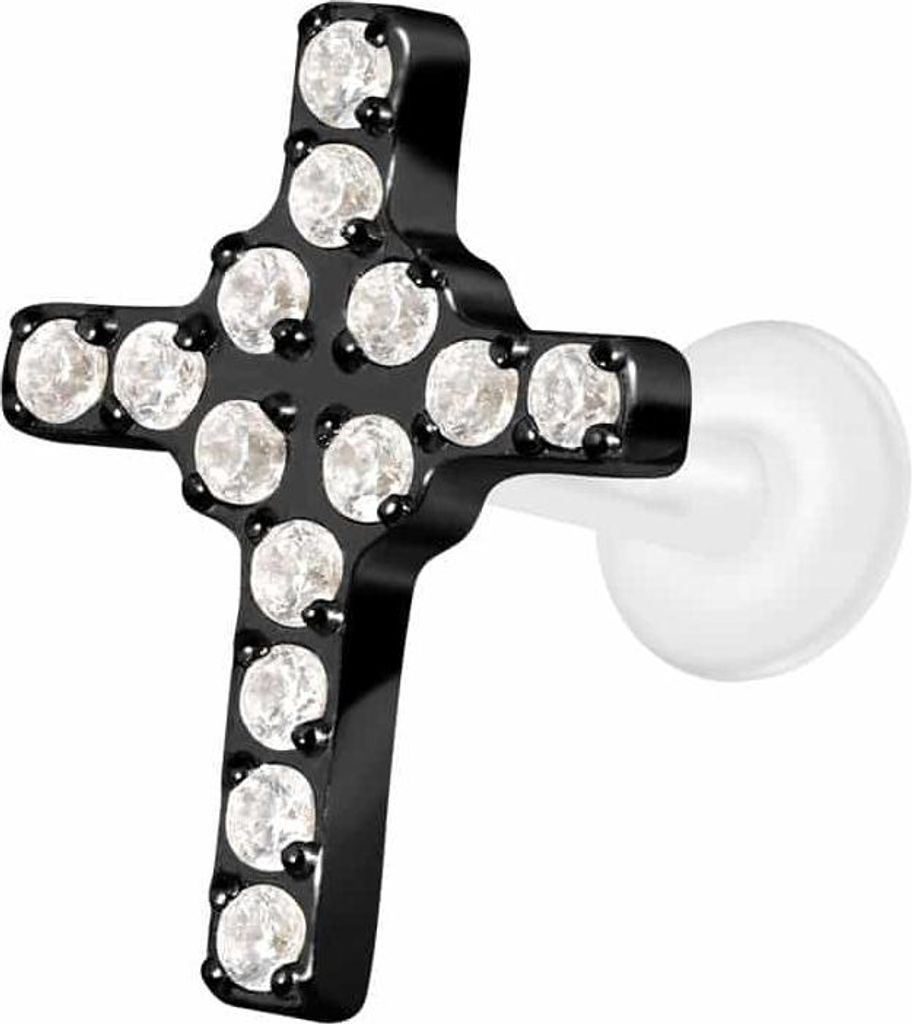 Ohrpiercing, Nasenpiercing PTFE Labret mit Innengewinde + Titan-Aufsatz KRISTALLKREUZ Schwarz Stablänge: 10mm | Stabstärke: 1,6mm
