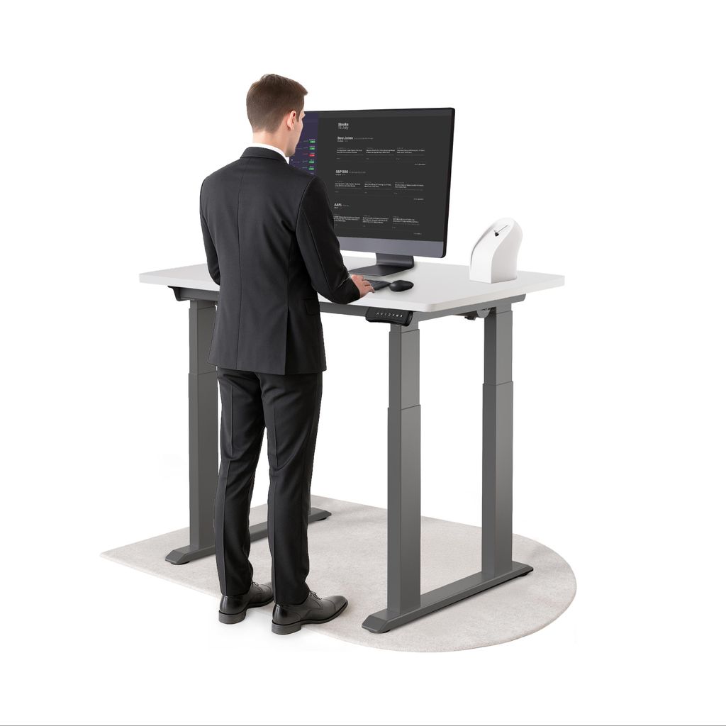 DESKSPACE Höhenverstellbarer Schreibtisch elektrisch mit leisem Dual-Motor – stabiles 4-Bein-Gestell (Grau Gestell, Weiß Tischplatte, 120×60 cm)