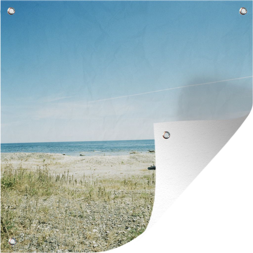 MuchoWow 100x100 cm Outdoor-Poster Gartendeko Sichtschutz Garten Poster für den Garten Buntes Bild eines Wohnwagens am Strand