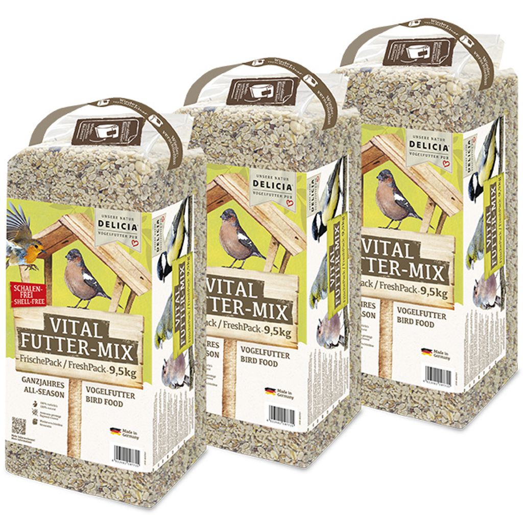 3 x 9,5kg Delicia Vital Futter Mix, Streufutter für Vögel, Vogelfutter, Ganzjahres Futter, Wildvogelfutter, mit Erdnusskernen, mit Sonnenblumenke...