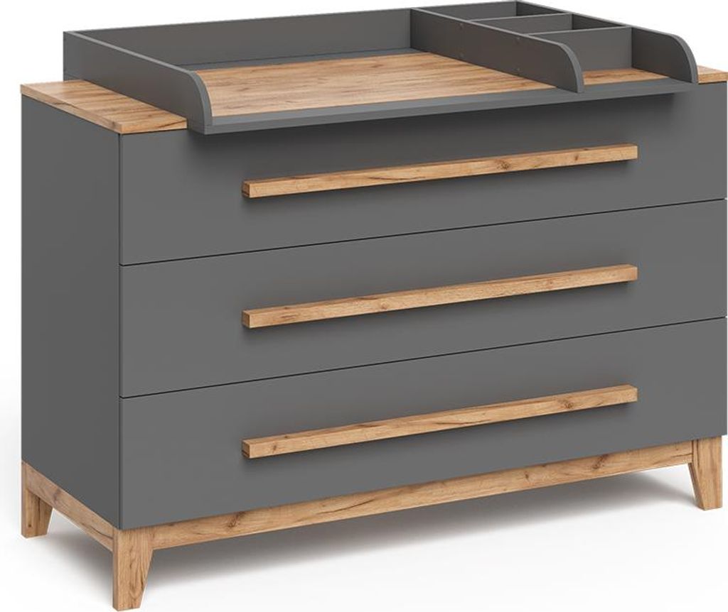 A gray dresser with wooden accents and a changing table topper.