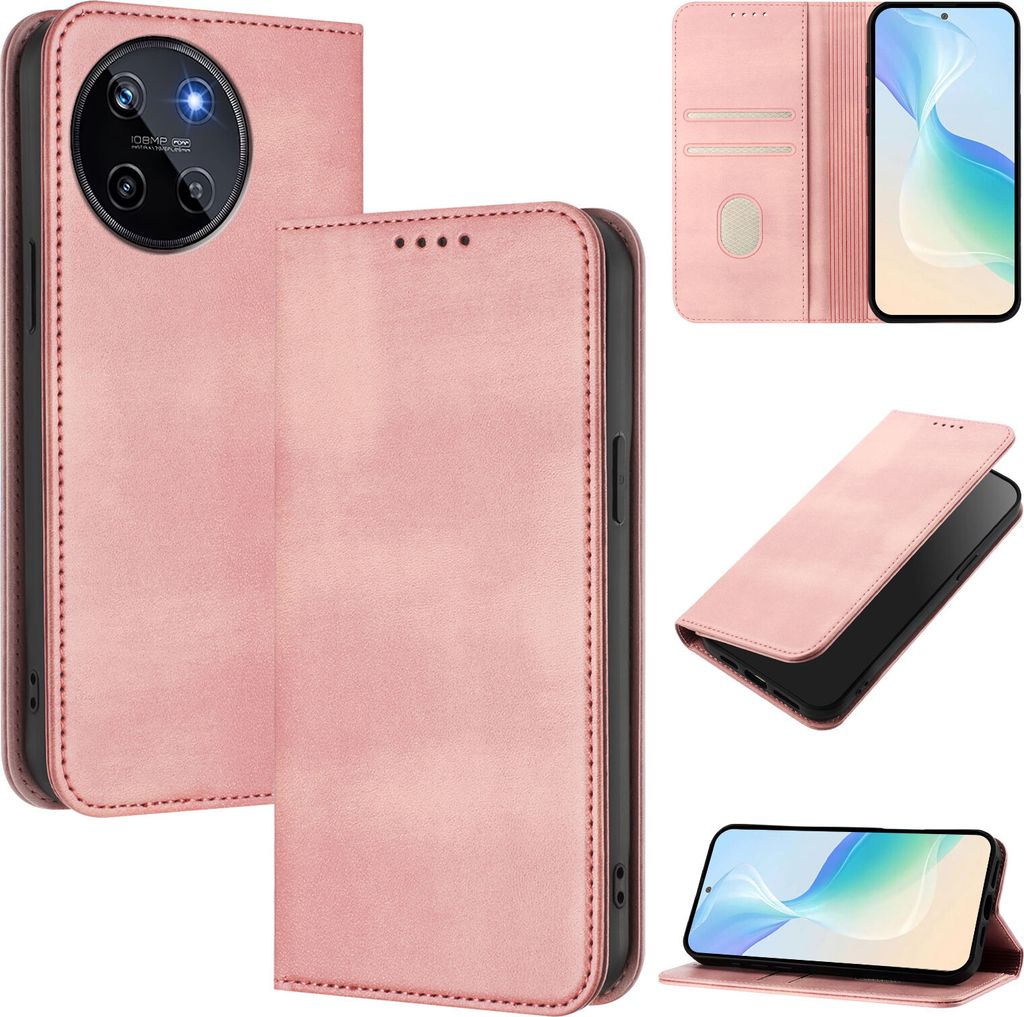 Handyhülle für Realme 11 4G, Vintage Leder RFID Schutz Kartenfach Standfunktion Magnetische Klapphülle Pink