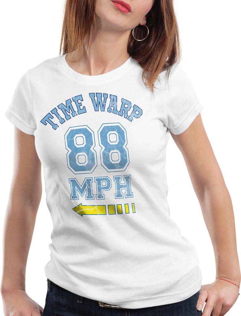 style3 Time Warp 88mph Damen T-Shirt Zukunft McFly Marty Gamer College, Farbe:Weiß, Größe:L