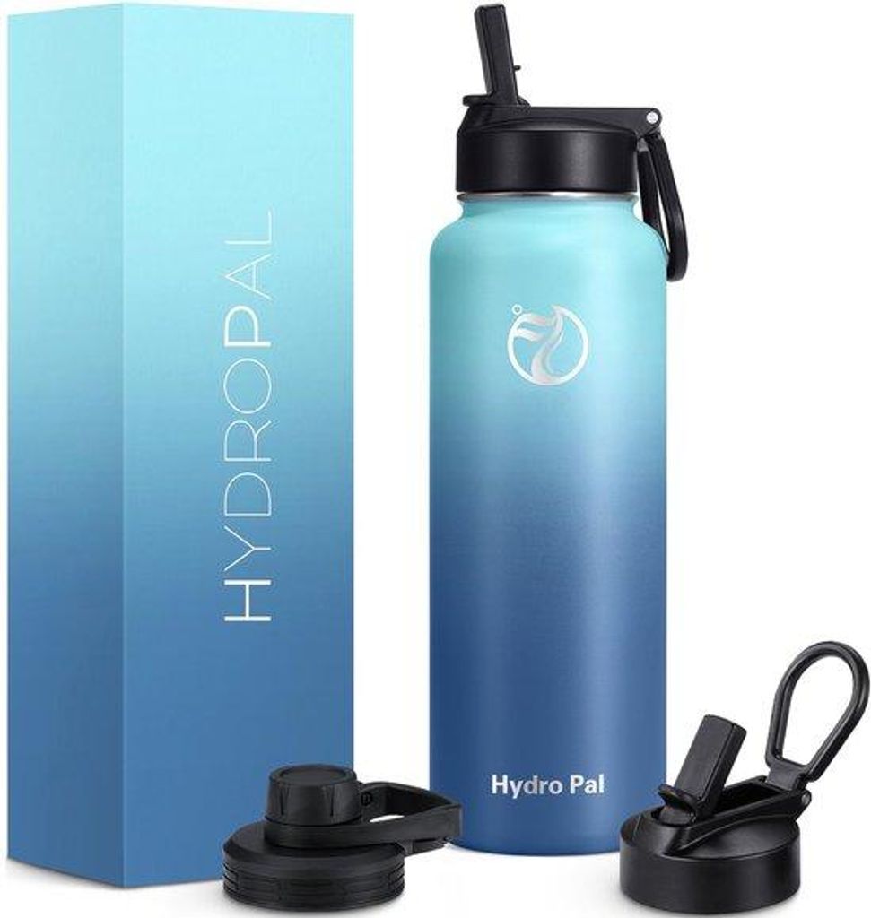 Isolerter Wasserflasche aus Edelstahl - 750 ml, 1 l, 1,2 l, BPA-frei, geeignet für gesäuerte Getränke, isolierte Flasche mit Grasstiel und 2 Dic...