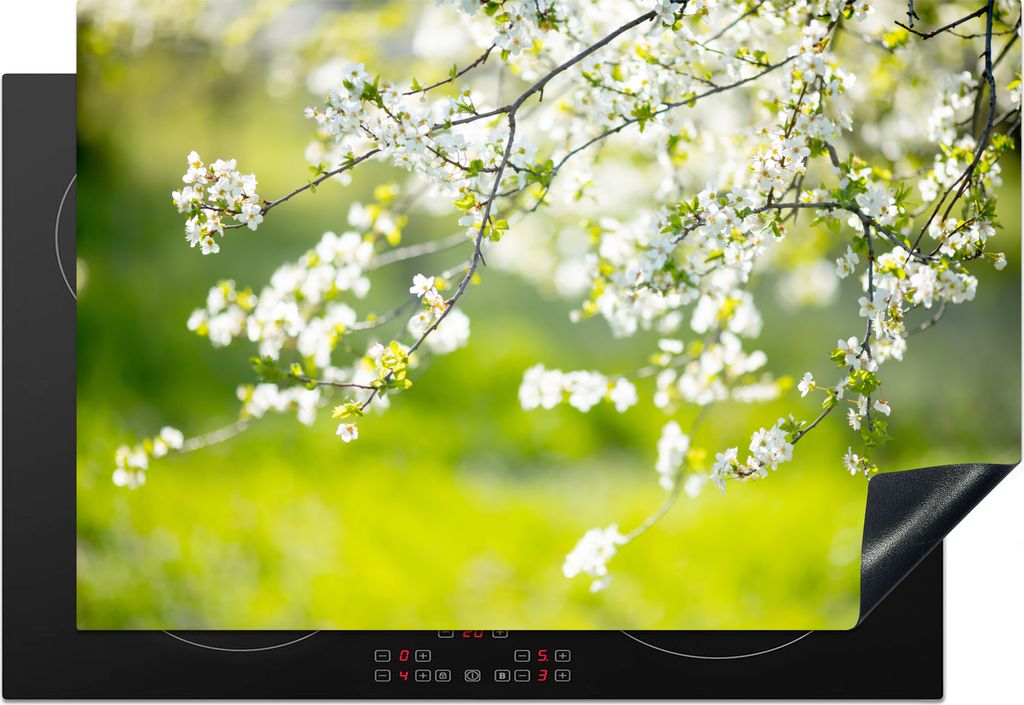 KitchenYeah Herdabdeckplatte Blüte - Frühling - Weiß , 76x51cm, Küche Deko, Glaskeramikfeld Herdabdeckung, Abdeckplatte fùr Kochfeld