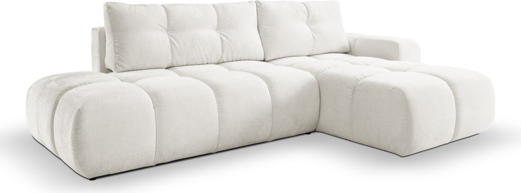KEF Ecksofa Soro, Couch mit Schlaffunktion, Big Sofa L-Form mit Kunststoffbeine, Schlafcouch mit Bettkasten, 288x90x176 cm, Weiß, Rechte Seite