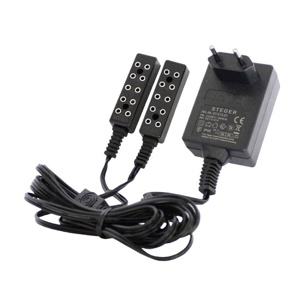 A black electrical adapter with two black plugs and a coiled black cable, set against a white background.