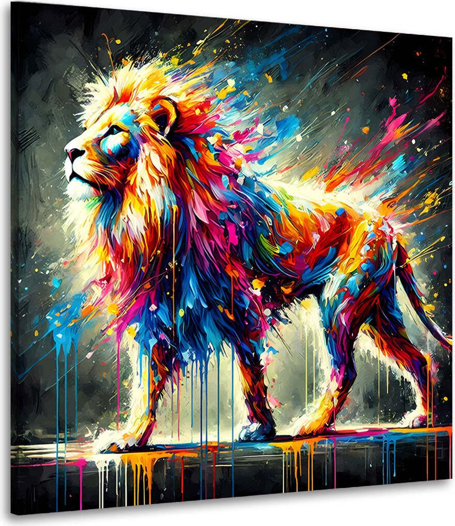 Bunter Löwe in abstrakter Pop Art Optik Leinwandbild Wandbild Kunstdruck Wanddeko: 60x60x2cm