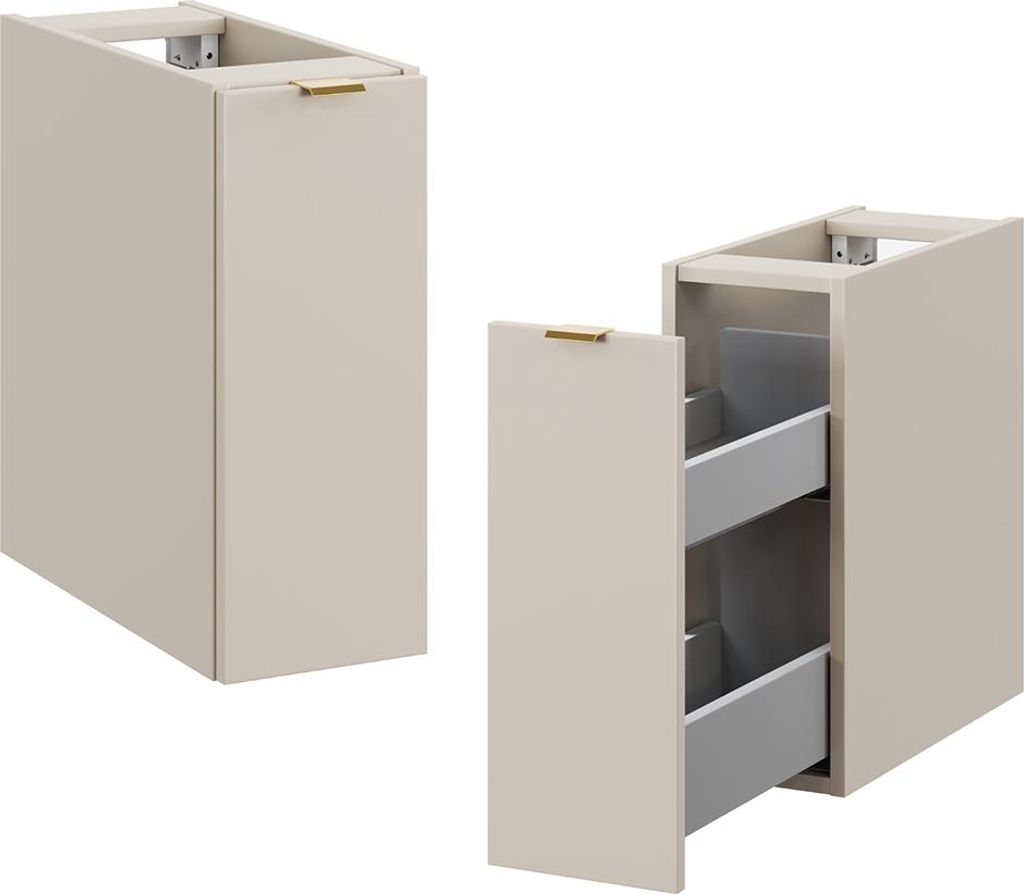 Two views of a beige bathroom vanity cabinet with gold handles and gray drawers.