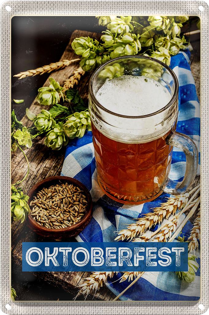 Blechschild Reise 20x30cm Oktoberfesz Bier Glas Weizen Holz
