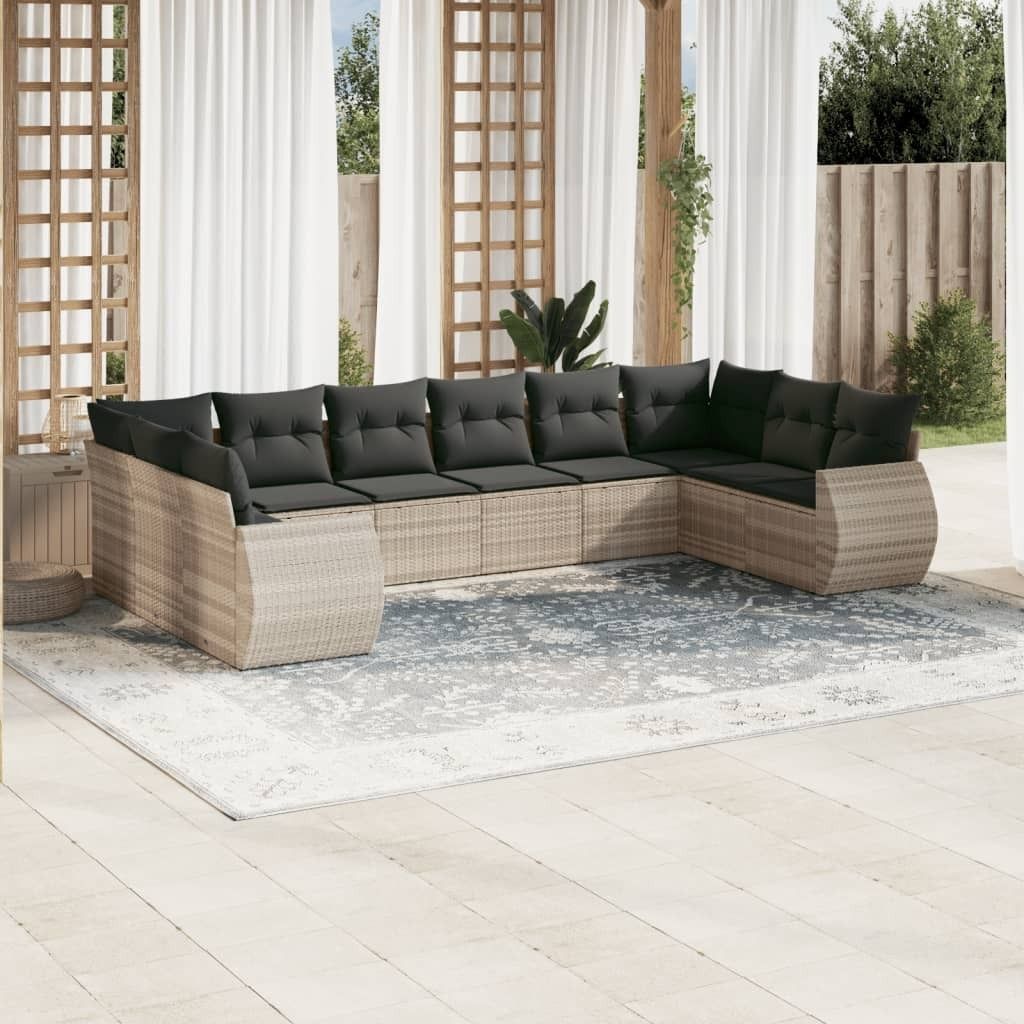Industrie-Stil 10-tlg. Garten-Sofagarnitur Sofa Set mit Kissen Hellgrau Poly Rattan Terrassenmöbel2024 cloris