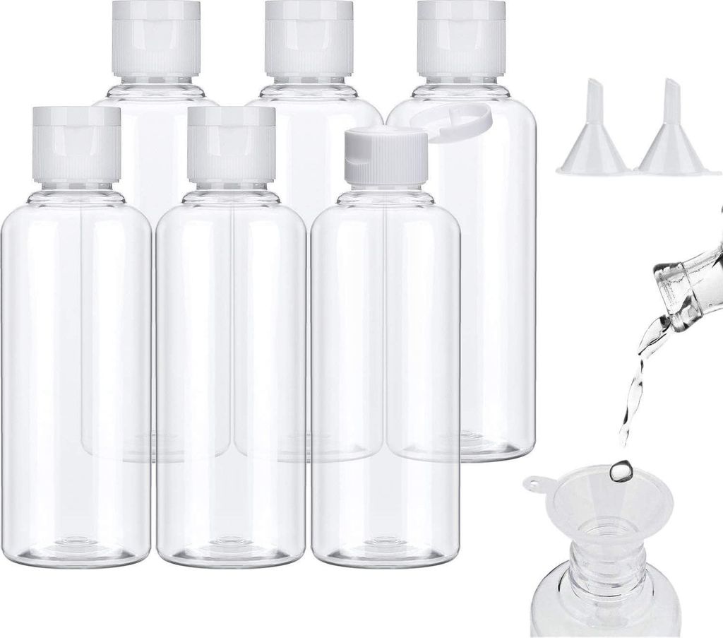 Reisflaschen Set von 6 Stück - 100 ml Kunststoffflasche - inklusive Trichter - transparente Reiseflasche - Flugreisen - Urlaub - weiße Reisefläs...