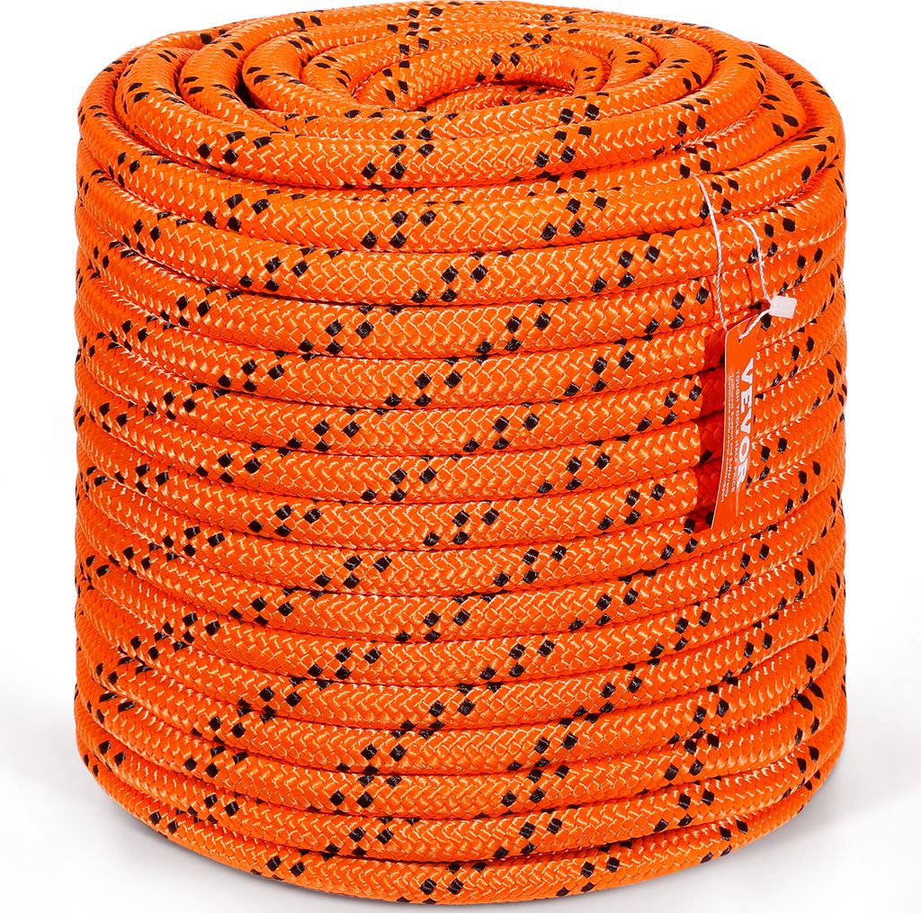 A tightly wound coil of orange rope with black speckles, with a product tag attached.