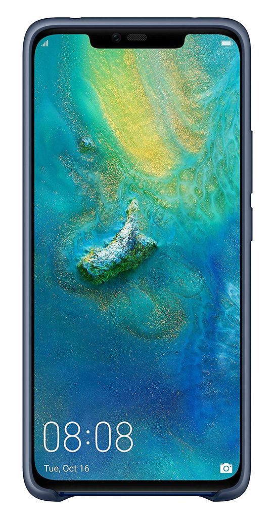 A Huawei Mate 20 Pro smartphone is shown from the front, displaying its screen with a colorful wallpaper and the time and date at the bottom.