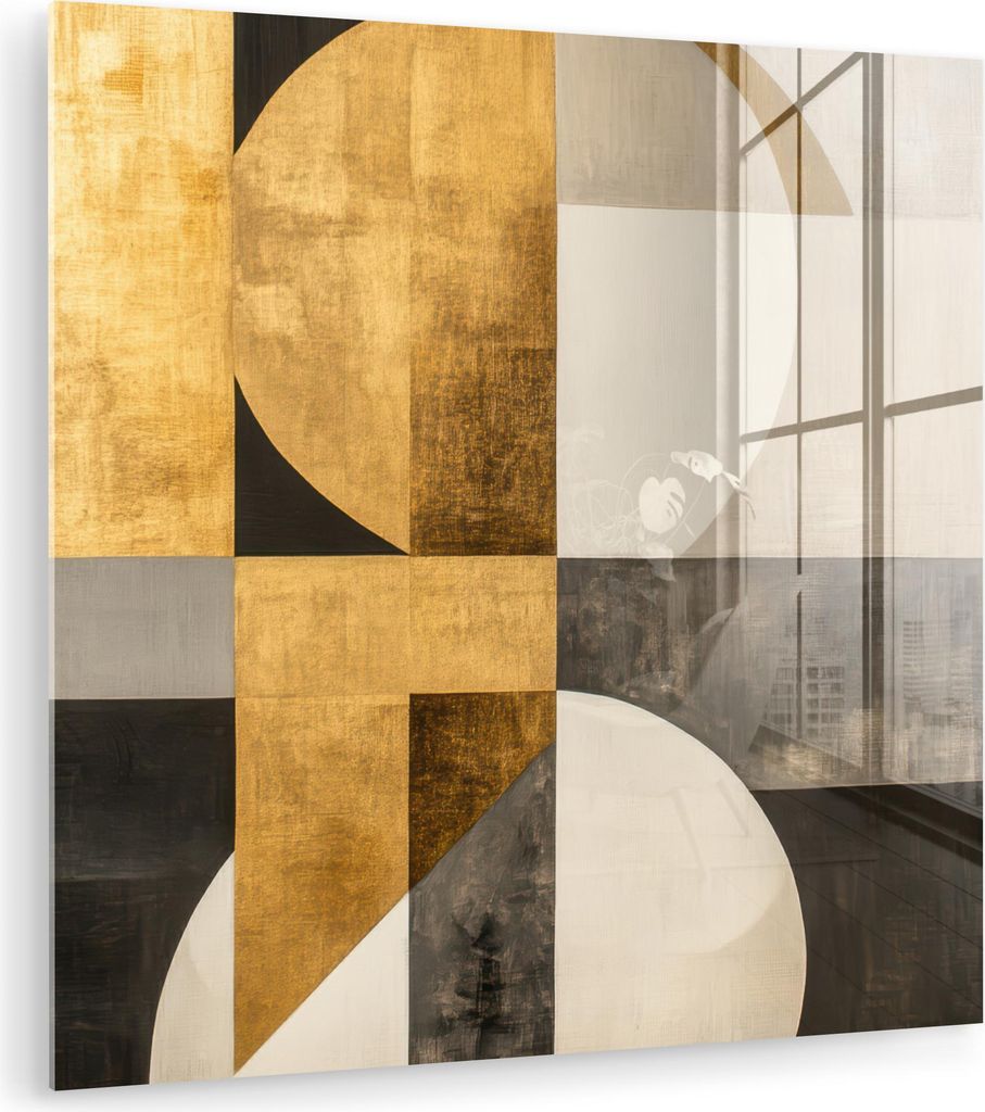 MuchoWow Glasbilder - Bilder auf Wandbild - Foto auf Glas Abstrakt - Gold - Grau - Formen - Geometrisch 90x90 cm Wanddekoration aus Glas - Acrylgla...
