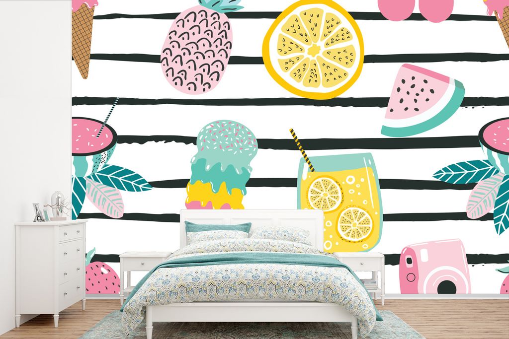 MuchoWow Fototapete für Wohnzimmer oder Schlafzimmer Wandtapete Vinyl Motivtapete Sommer - Elemente - Streifen - 330x220 cm - Fototapeten