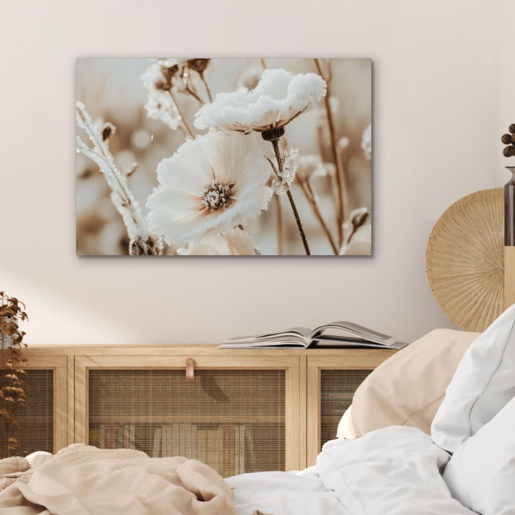 MuchoWow Wanddekoration Metall Metallbild Wandkunst 60x40 cm Blumen - Winter - Weiß - Schnee - Beige MuchoWow Aluminium Gemälde - Gemälder