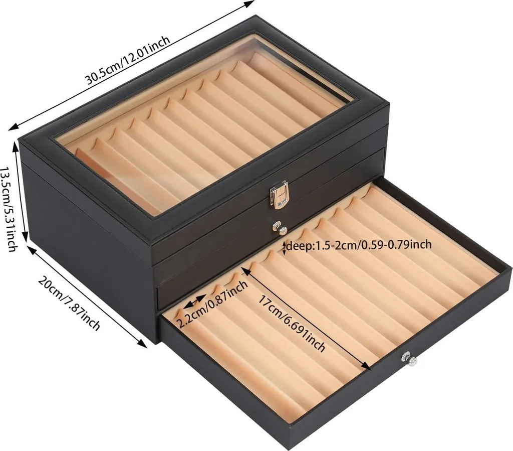 Coffret stylos plume en velours noir 36 places avec couvercle verre