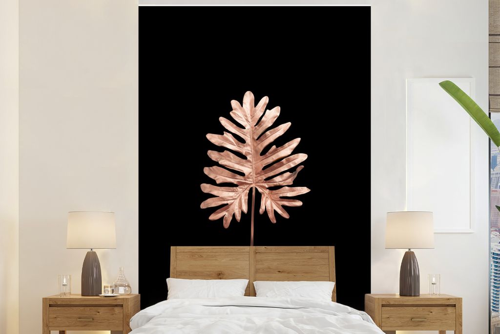 MuchoWow Fototapete für Wohnzimmer oder Schlafzimmer Wandtapete Vinyl Motivtapete Roségold - Blatt - Schwarz - 200x300 cm - Wanddekorationen