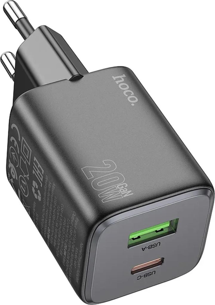 HOCO USB A + Typ C PD QC 3A 20W Netz-Ladegerät N41 schwarz