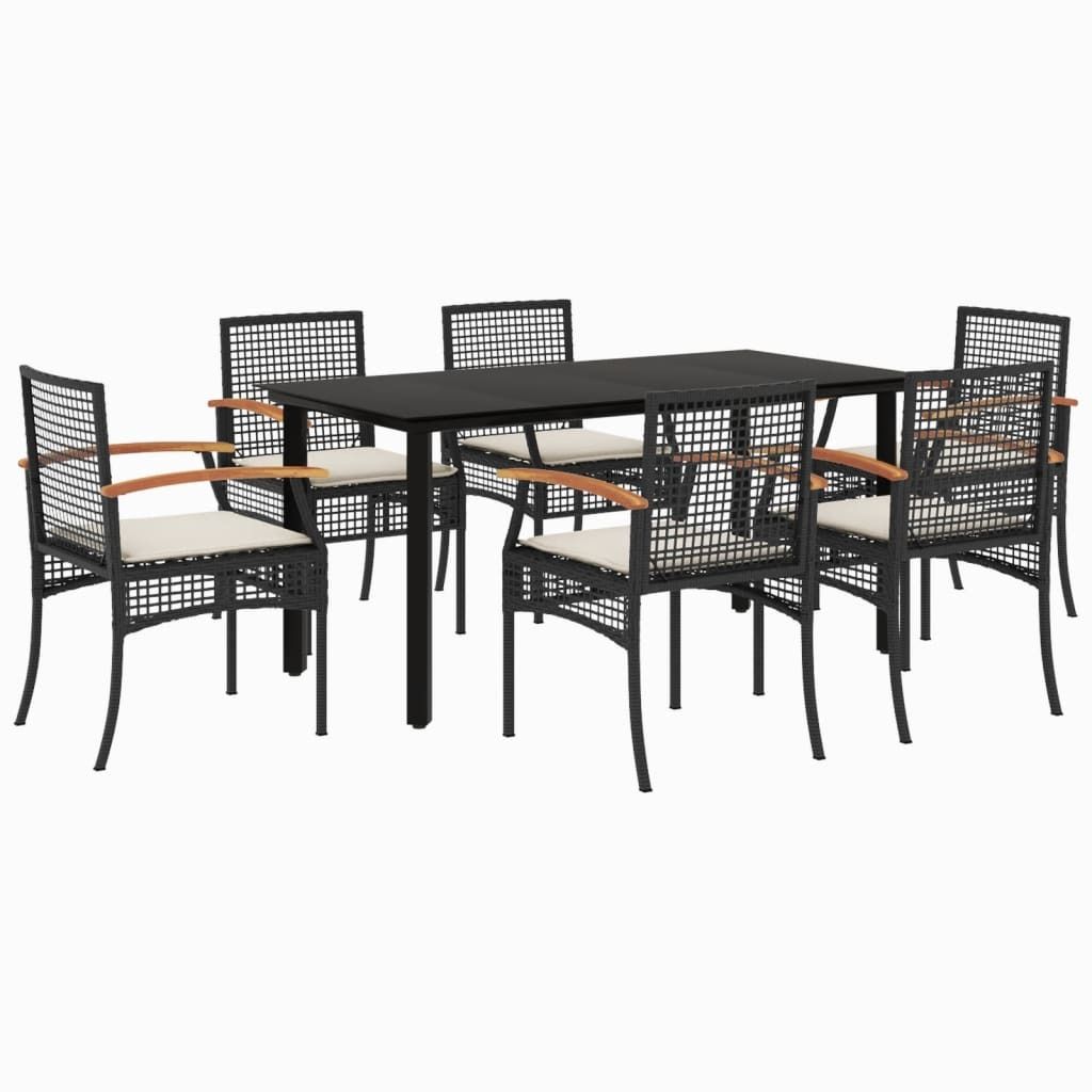 vidaXL 7-tlg. Garten-Essgruppe mit Kissen Schwarz Poly Rattan