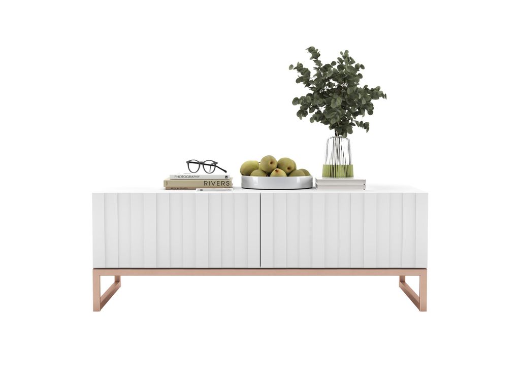 Couchtisch Glamour Kaffeetisch Elpis Modern Lindner Möbel 110cm x 54cm x 39cm Farbe: Weiß matt Rahmen: Kupferfarbig – Metall
