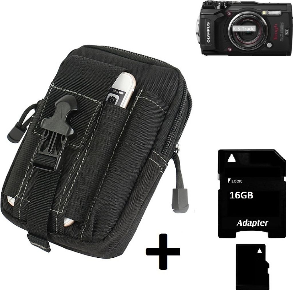 Kompatibel mit Olympus TOUGH TG-5 Gürteltasche / Holster schwarz Schutz Hülle Kameratasche Fototasche Case Bag + 16 GB Memorycard Extrafächer,