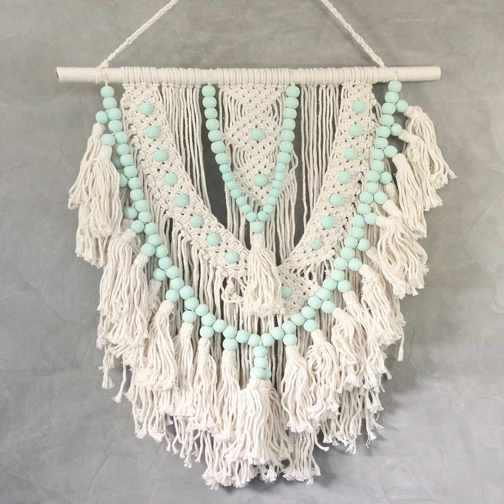 Wandbehang Wandschmuck Wandteppich Boho Quaste Deko Gewebter Wandbehang Weiß mit türkisen Perlen 60 cm