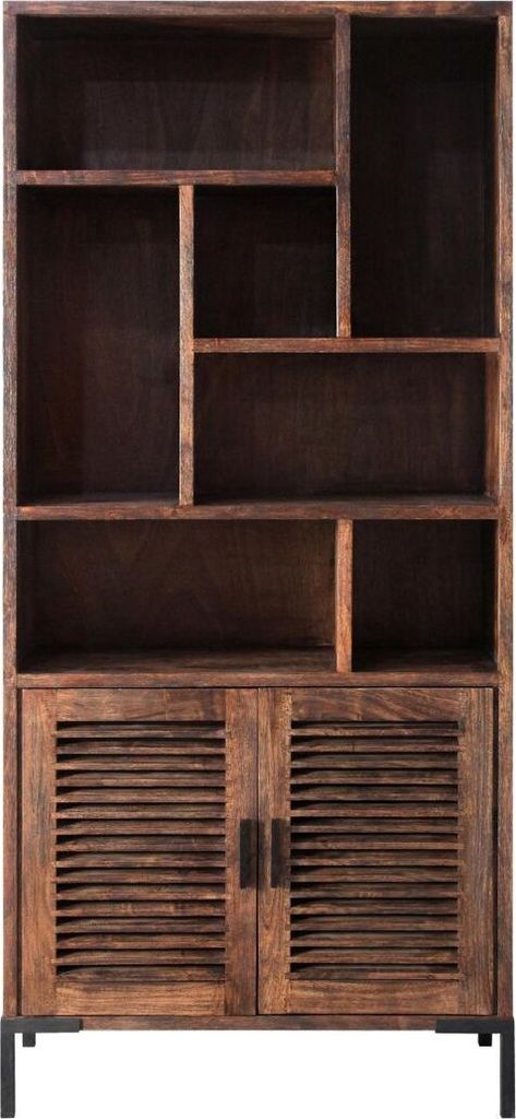 DETROIT Regal, 2 Lamellentüren & 7 Ablagen, Akazie massiv, 90×30×195cm