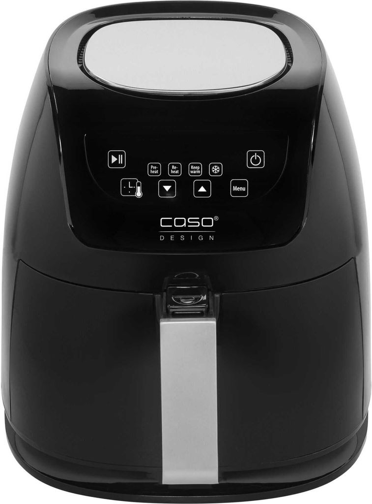 A black air fryer with a silver handle and a digital display on a white background.