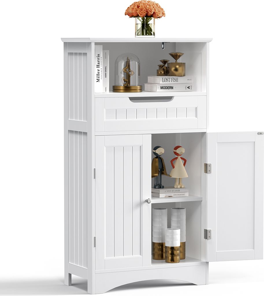 A white storage cabinet with its doors open, displaying decorative items and vases.