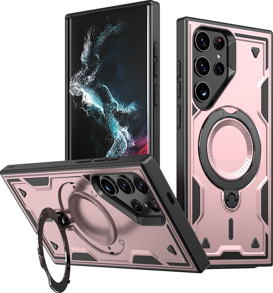 Dual Layer Hülle für Samsung Galaxy S22 Ultra Metall Ring Ständer Magnetisch Stoßfest Militär Handyhülle Roségold