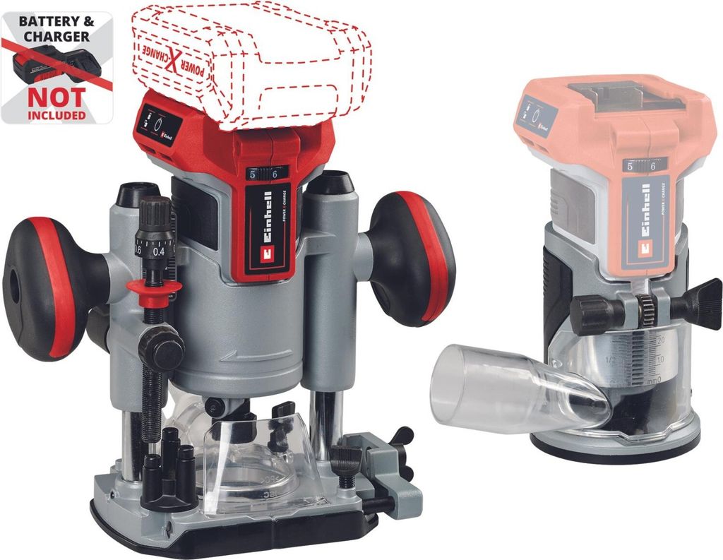 Two cordless routers are shown against a white background. The router on the left is in focus and has a dashed outline of a battery on top. The router on the right is slightly out of focus and has a clear dust collector attachment.